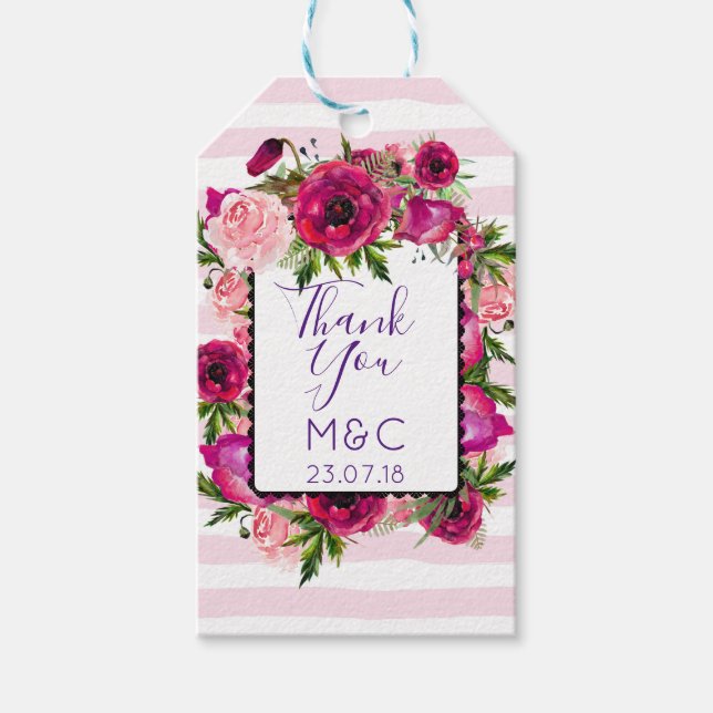 Rosa ros & Poppy Blommigt Bouquet Bröllop Tack Presentetikett (Framsidan)