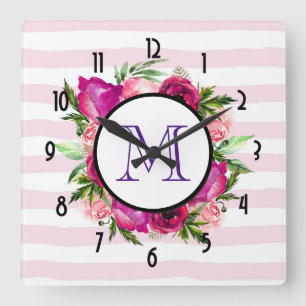 Rosa ros & Poppy Blommigt Bouquet Monogram Fyrkantig Klocka