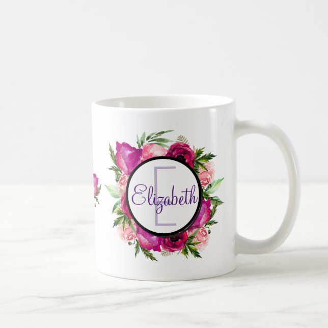 Rosa ros & Poppy Blommigt Bouquet Monogram Kaffemugg (Höger)