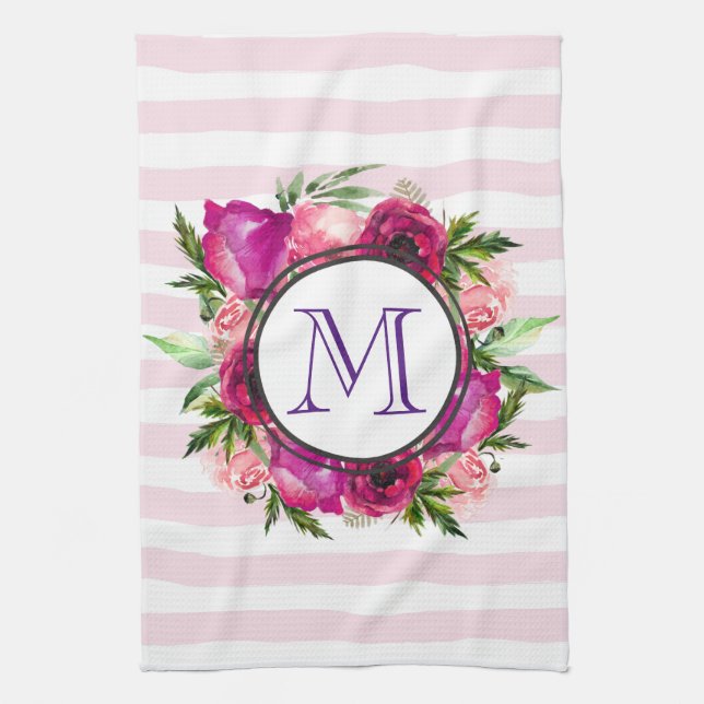 Rosa ros & Poppy Blommigt Bouquet Monogram Kökshandduk (Vertikal)