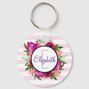 Rosa ros & Poppy Blommigt Bouquet Monogram Nyckelring
