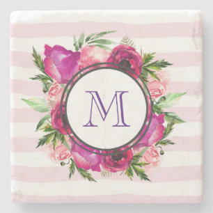 Rosa ros & Poppy Blommigt Bouquet Monogram Stenunderlägg