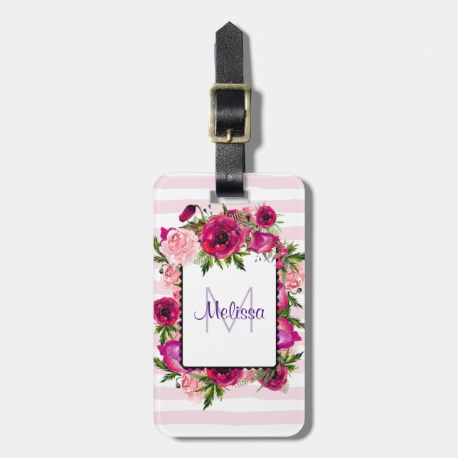 Rosa ros & Poppy Blommigt Bouquet på Rosa Rand Bagagebricka (Vertikal Framsida)