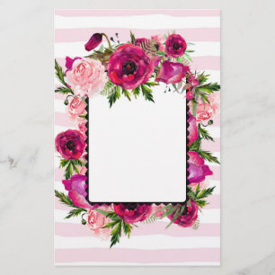 Rosa ros & Poppy Blommigt Bouquet på Rosa Rand Brevpapper