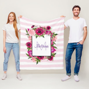 Rosa ros & Poppy Blommigt Bouquet på Rosa Rand Fleecefilt