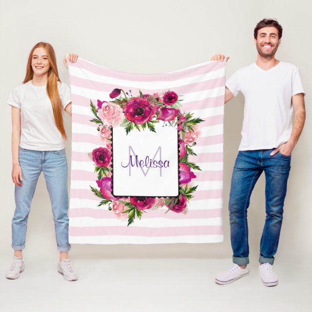 Rosa ros & Poppy Blommigt Bouquet på Rosa Rand Fleecefilt (På plats)