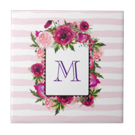 Rosa ros & Poppy Blommigt Bouquet på Rosa Rand Kakelplatta