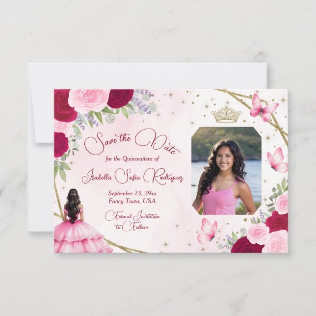 Rosa ros Princess Butterfly & Photo Quinceanera Spara Datumet (Framsida)