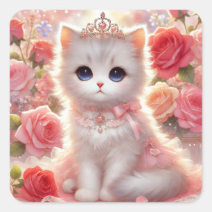 Rosa ros Princess Cat Fyrkantigt Klistermärke