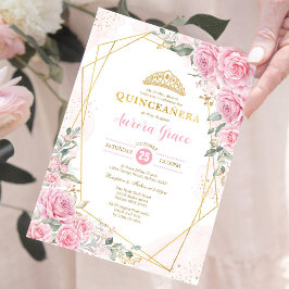 Rosa ros Princess Quinceañera Guld Geometric Inbjudningar