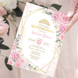 Rosa ros Princess Quinceañera Guld Geometric Inbjudningar