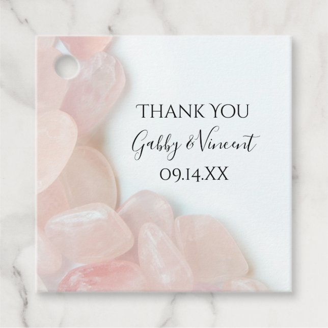 Rosa ros Quartz Bröllop Tack Gåvor Etiketter (Framsida)