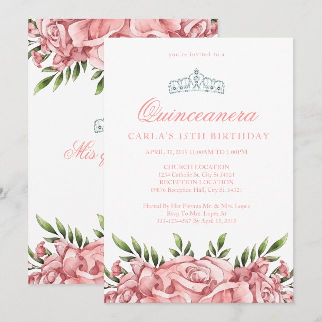  Rosa ros | Quinceanera-inbjudningar Inbjudningar (Fram/baksida)