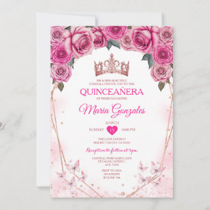 Rosa ros Quinceañera Krona Butterfly 15 Anos Inbjudningar