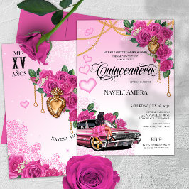 Rosa ros Quinceanera Rosa Lowrider Chola Chicana Inbjudningar