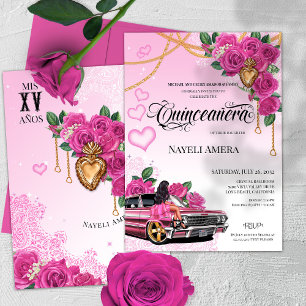 Rosa ros Quinceanera Rosa Lowrider Chola Chicana Inbjudningar