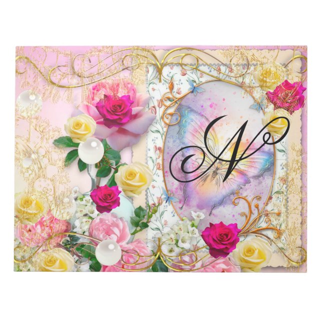 Rosa ros Rainbow Butterfly Guld Decor Monogram Anteckningsblock (Framsida)