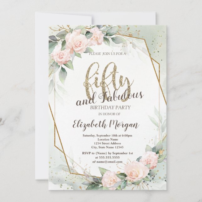 Rosa ros Ram Konfetti Grönt 50:e födelsedagen Inbjudningar (Framsida)