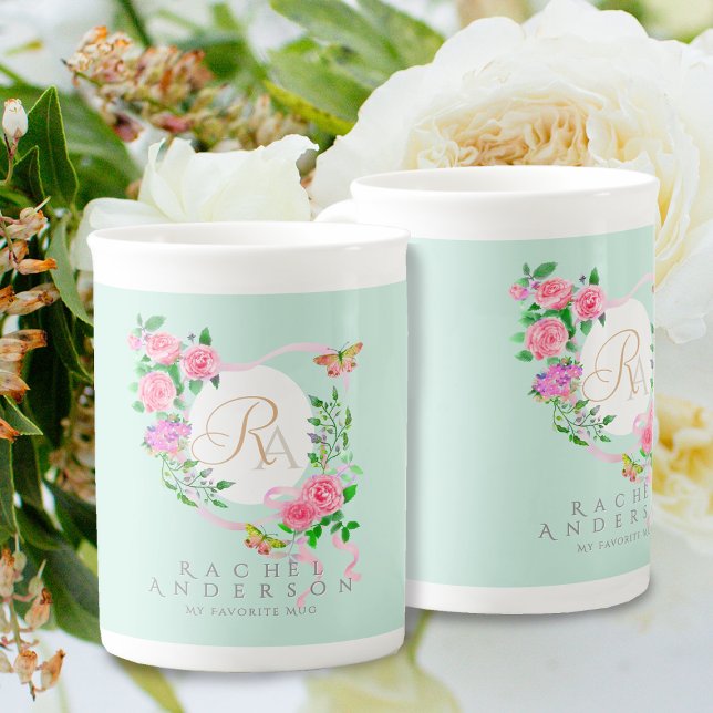 Rosa ros Ribbon Chic Monogram Blue Benporslin Mugg (Romantic Pink Rose Ribbon Monogram Beige Mug.)