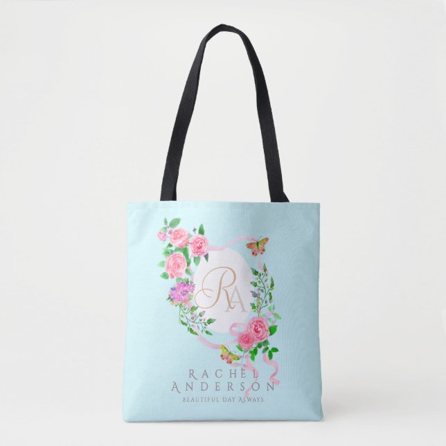 Rosa ros Ribbon Chic Monogram Blue Tygkasse (Framsida)