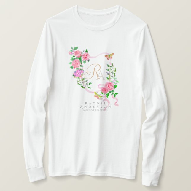 Rosa ros Ribbon Chic Monogram White T Shirt (Design framsida)