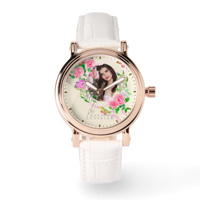 Rosa ros Ribbon Chic Photo Beige Armbandsur (Framsida)