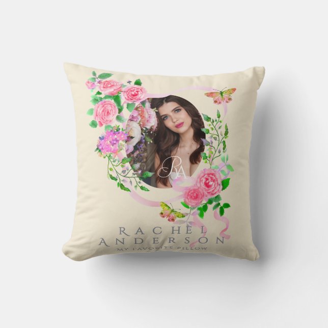 Rosa ros Ribbon Chic Photo Beige Kudde (Framsida)