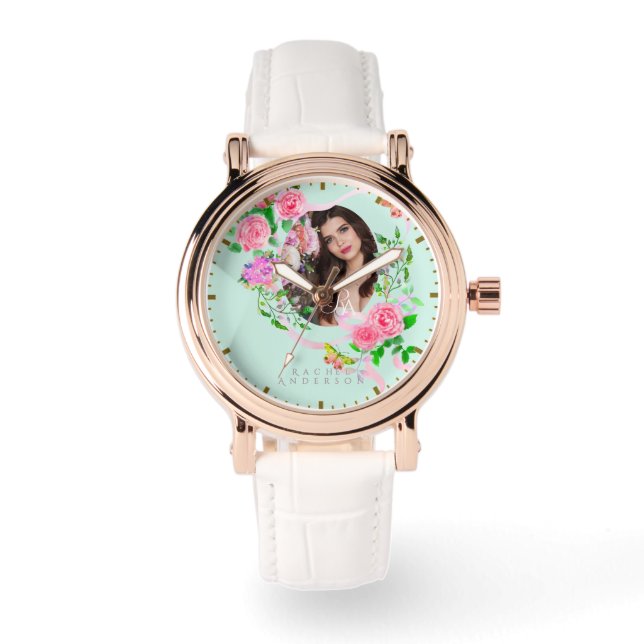 Rosa ros Ribbon Chic Photo Grönt Armbandsur (Framsida)