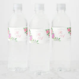 Rosa ros Ribbon Monogram Bröllop Vattenflaska Etikett