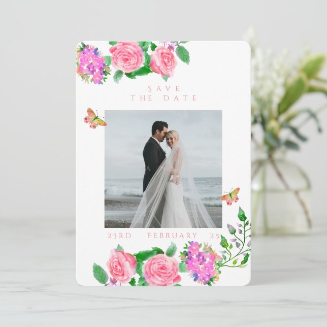 Rosa ros Ribbon Monogram Photo Bröllop Spara Datumet (Stående Fram)