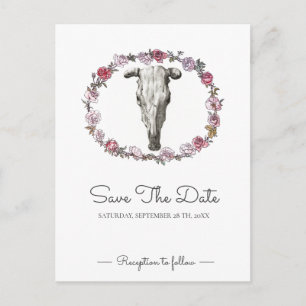 Rosa ros Rustic Bröllop Cow Skull sparar datumet Vykort