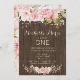 Rosa ros Rustic Ljus första födelsedagen Inbjudningar