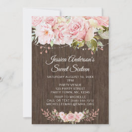 Rosa ros Rustic Wood Ljus Sweet sixteen Inbjudningar