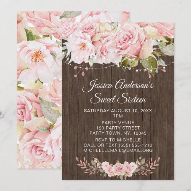 Rosa ros Rustic Wood Ljus Sweet sixteen Inbjudningar (Fram/baksida)