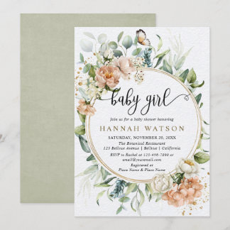 Rosa ros Sage Eucalyptus Girl Baby Shower Inbjudningar