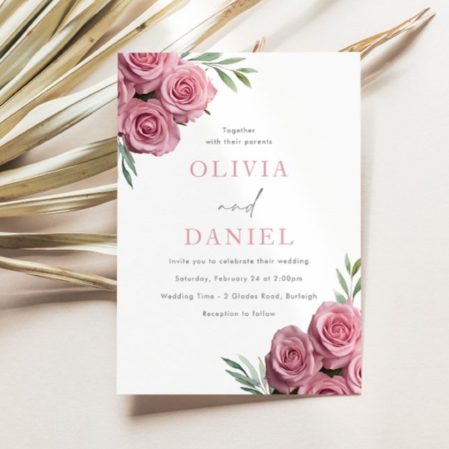  Rosa ros Sage Grönt Löv Bröllop Inbjudningar (Skapare uppladdad)