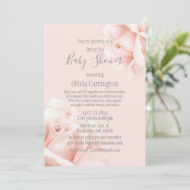  Rosa ros Script Drive by Baby Shower Inbjudningar (Stående Fram)