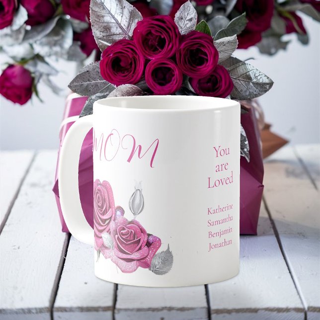Rosa ros Silver Lämnar Mamma "Du är älskad" Kaffemugg (Skapare uppladdad)