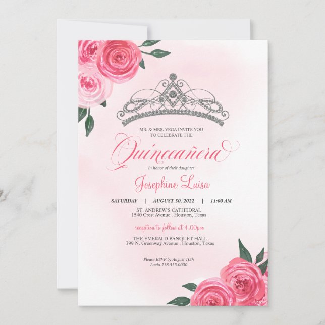 Rosa ros Silver Tiara Quinceañera Watercolor Inbjudningar (Framsida)