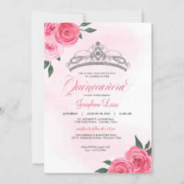 Rosa ros Silver Tiara Quinceañera Watercolor Inbjudningar
