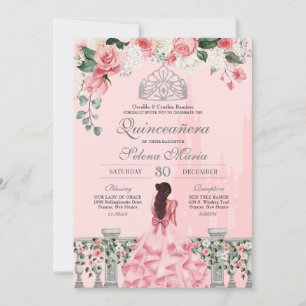 Rosa ros Silver Tiara Royal Princess Quinceañera Inbjudningar