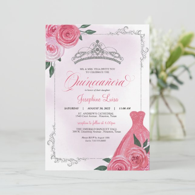 Rosa ros Silver & White Blommigt Tiara Quinceañera Inbjudningar (Stående Fram)