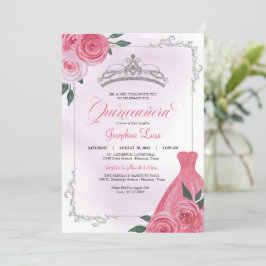 Rosa ros Silver & White Blommigt Tiara Quinceañera Inbjudningar