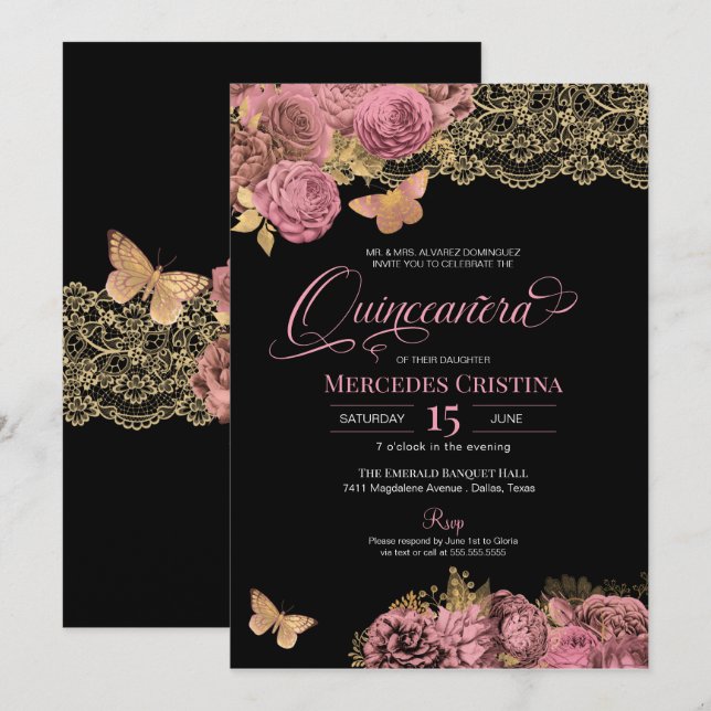 Rosa ros & Snöre Glamous Butterfly Quinceañera Inbjudningar (Fram/baksida)