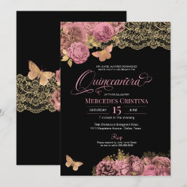Rosa ros & Snöre Glamous Butterfly Quinceañera Inbjudningar