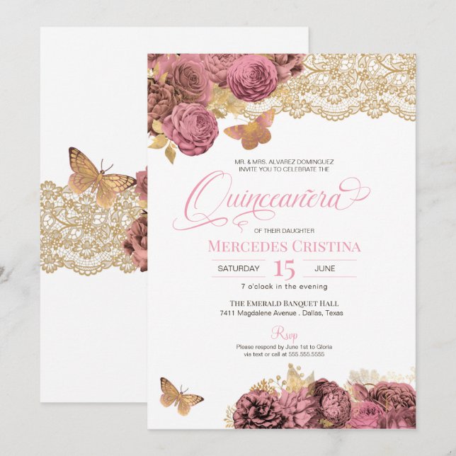 Rosa ros & Snöre Guld Butterfly Quinceañera Inbjudningar (Fram/baksida)