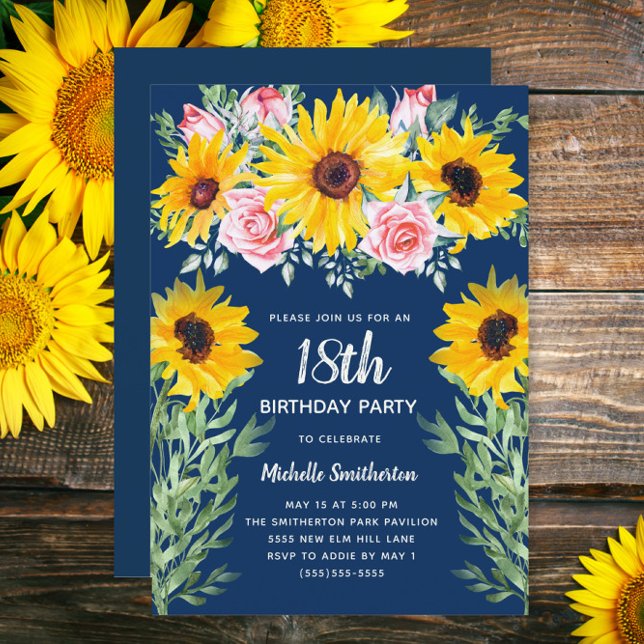 Rosa ros Solblommor Blå 18:e födelsedagen Inbjudningar (Sunflowers and pink roses on navy blue custom 18th birthday party invitation)