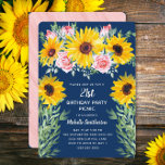 Rosa ros Solblommor Blå 21:a födelsedagen Inbjudningar<br><div class="desc">Cute och snyggt boho-stil-gult solblommor och rosa ros på marinblått 21-årsdagen party-picknickinbjudan till kvinnor. Baksidan av detta vackra kort har en rosa, rustik trädesign som matchar ro. Text är anpassade för alla händelser som du planerar. Anpassa marinblå bakgrund framtill till vilken färg som helst med Zazzles kraftfulla design verktyg. Kontakta...</div>