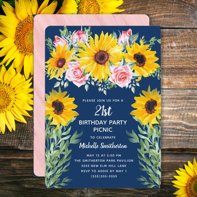 Rosa ros Solblommor Blå 21:a födelsedagen Inbjudningar (Sunflowers and pink roses on navy blue 21st birthday party invitation)