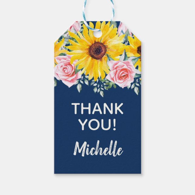 Rosa ros Solblommor Navy Blue Birthday Tack Presentetikett (Framsidan)